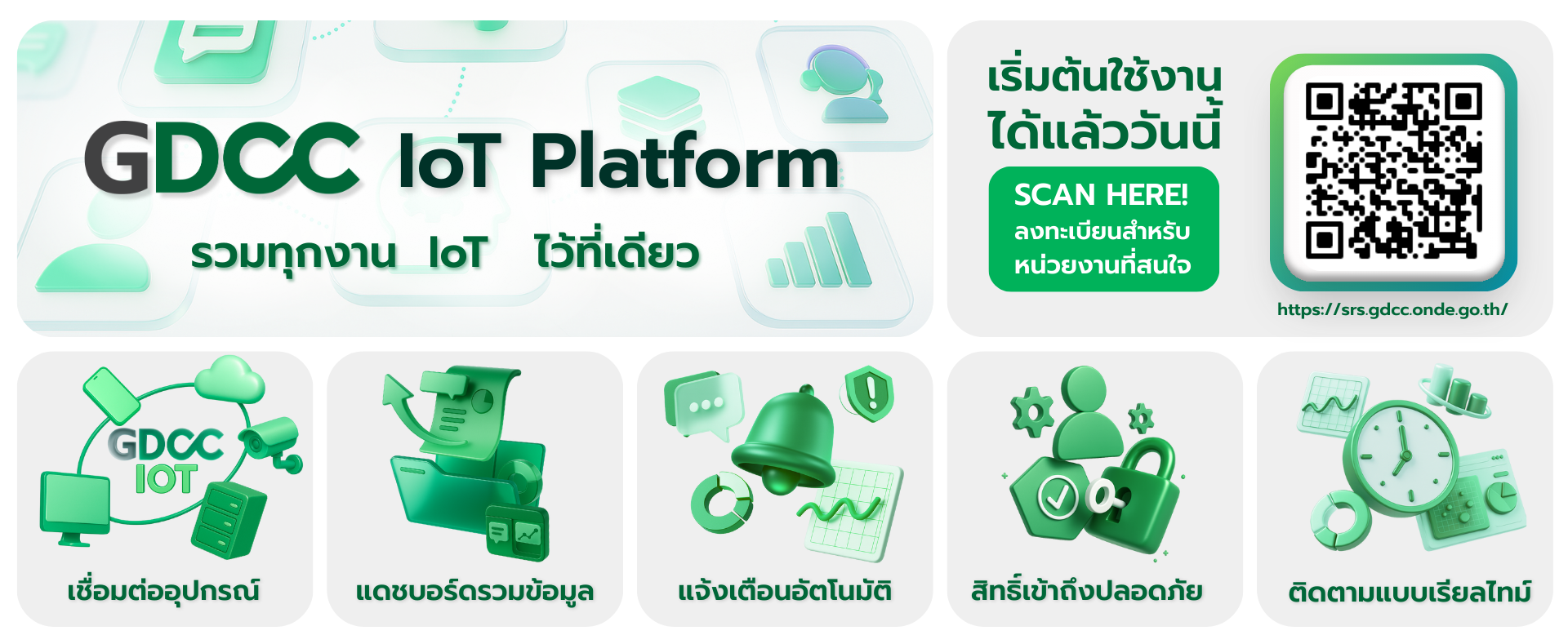 GDCC IoT Platform รวมงาน IoT ไว้ที่เดียว: เชื่อมต่ออุปกรณ์ แดชบอร์ดรวมข้อมูล แจ้งเตือนอัตโนมัติ สิทธิ์เข้าถึงปลอดภัย ติดตามแบบเรียลไทม์ พร้อม QR ลงทะเบียนหน่วยงาน